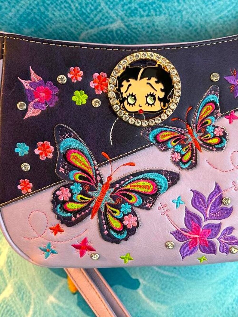 Betty Boop Lavender Butterfly Embroidered Shoulder Bag w Gun Carry Pouch